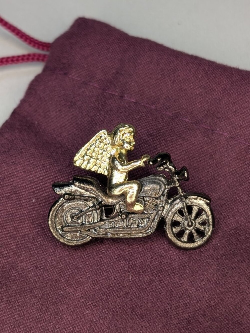 Small Vintage Angel Riding Motorcycle Pin Brooch, Gold and Pewter Toned
